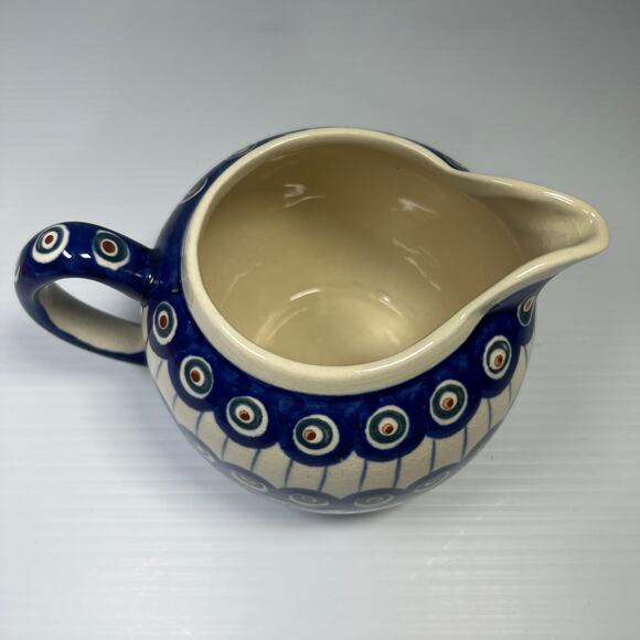 Boleslawiec Polish Pottery Blue Peacock Pitcher 36 Oz Blue Dot Swirl - Picture 5 of 9